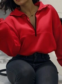 INAWLY 女士纯色落肩长袖拉链半襟休闲连帽衫，秋季，长袖上衣