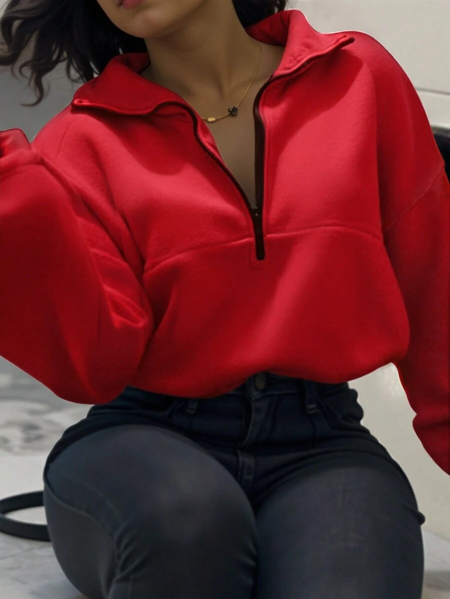 INAWLY 女士纯色落肩长袖拉链半襟休闲连帽衫，秋季，长袖上衣