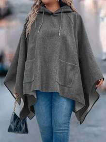SHEIN LUNE Plus Size Women Casual Hooded Asymmetrical Hem Pockets Drawstring Poncho Jacket, Suitable For Autumn Winter - Dark Grey - View 2
