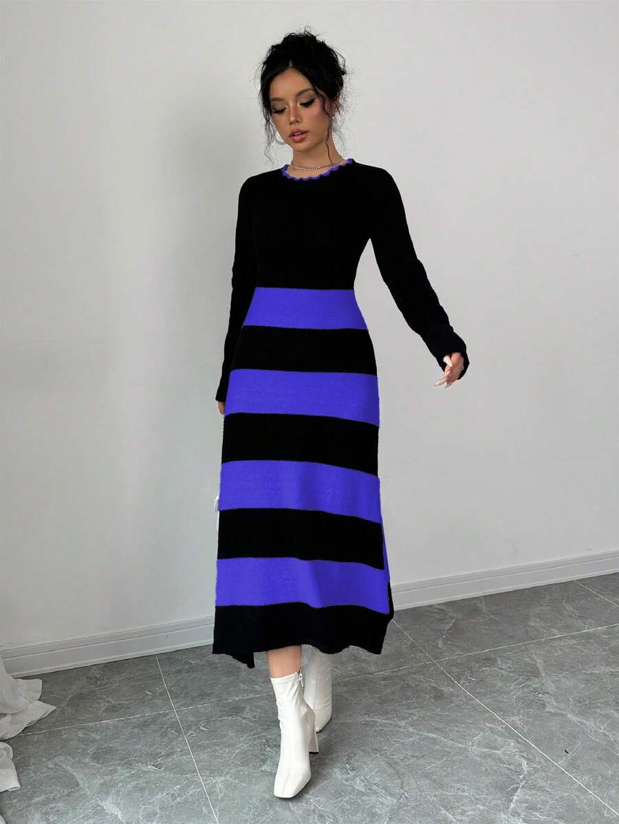 Elenzga Women's Simple Striped Color Blocking Sweater Dress Fall Cloth For Women - Blue - View 1