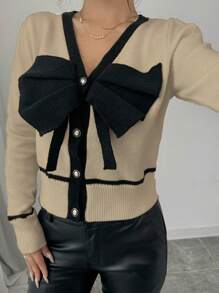 Elenzga 女士蝴蝶结装饰单排扣休闲开衫，秋冬 - 卡其色 - 查看 6