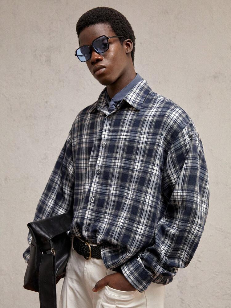 Chemise décontractée en coton urbain à manches longues, col à carreaux, coupe ample, convenant pour un port quotidien. Chemise ample pour homme "old money", cadeau idéal pour le petit ami
