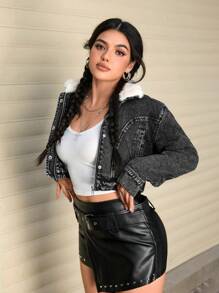 SHEIN EZwear 女士纯色蓬松领子拼布拉链圣诞节女士感恩节女士休闲长袖牛仔夹克 - 黑色 - 查看 1