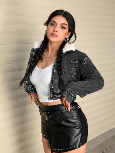 SHEIN EZwear 女士纯色蓬松领子拼布拉链圣诞节女士感恩节女士休闲长袖牛仔夹克