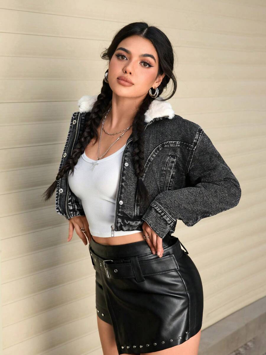 SHEIN EZwear 女士纯色蓬松领子拼布拉链圣诞节女士感恩节女士休闲长袖牛仔夹克 - 黑色 - 查看 1