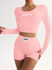 SHEIN Sport Studio 2pcs/Set Printed Top And Sweatpants With Shake Head Car Patch Logo, Sports Suit Gym Set