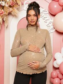 Loomaby Maternity Rhinestone Lettuce Trim Mock Neck Long Sleeve Fitted T-Shirt, Fashionable For Autumn, For Baby Shower Party - Khaki - View 3