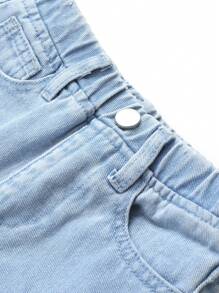 SHEIN 女宝宝时尚休闲蝴蝶结刺绣洗水牛仔直筒裤 - 中等水洗藍 - 查看 6