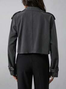 SHEIN Tall Women's Solid Color Turndown Collar Double Breasted Casual Trench Coat, Spring Autumn - Dark Grey - View 2