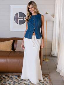 Aralina Luxe Satin Drawstring Satin Maxi Skirt - Apricot - View 4