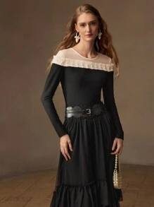 MOTF PREMIUM CONTRAST YOKE FAUX PEARL FRILL TRIM SLIM FIT TOP - Black - View 4
