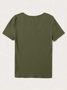 SHEIN Essnce Women Solid V-Neck Short Sleeve Simple Casual Top, Daily Wear - Army Green - View 2