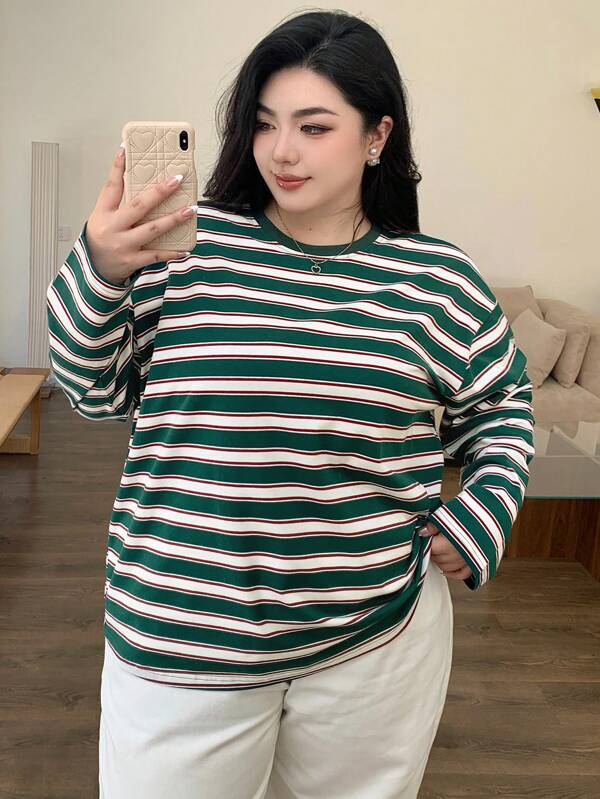 Dazy Plus Loose Fit Striped Crew Neck Long Sleeve T-Shirt, Spring/Summer/Autumn