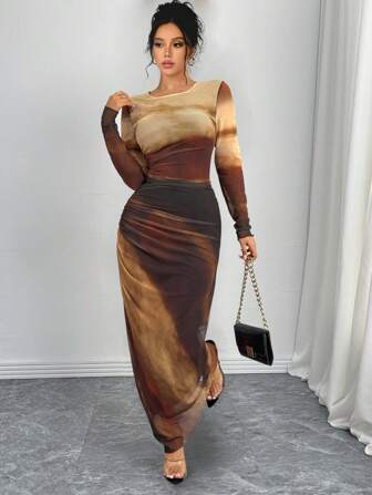 Rafferiza Autumn Elegant Tie Dye Tie Dye Ruched Form-Fitting Extra Long Dress Maxi Women Outfit Fall Cloth For Women