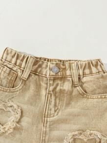 Pantalones informales para niña de lavado de tono claro con cintura completamente elástica, parche con bordado de corazón y piernas anchas con bolsillos planos, el mejor conjunto de moda diaria