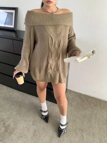 Flirla 新款时尚露肩长袖麻花针织毛衣，秋冬季针织套头衫 - 軍綠色 - 查看 3