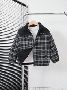 SHEIN Tween Boy' Colorblock Embroidery Plaid Padded Reversible Casual Padded Coat - Black and White - View 1