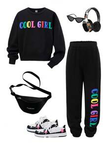 SHEIN Tween Girls' Casual Sporty Knit Crew Neck Sweatshirt Set - Black - View 1