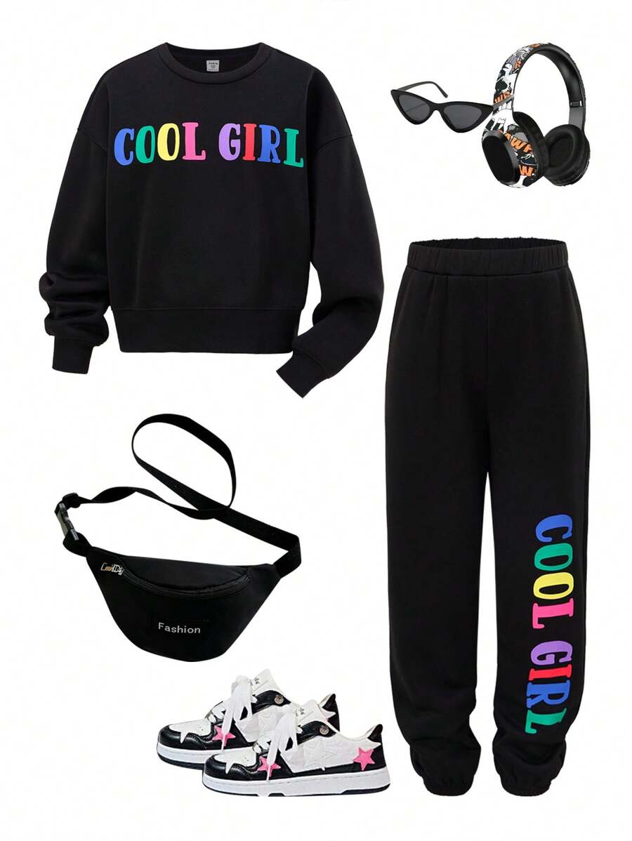 SHEIN Tween Girls' Casual Sporty Knit Crew Neck Sweatshirt Set - Black - View 1