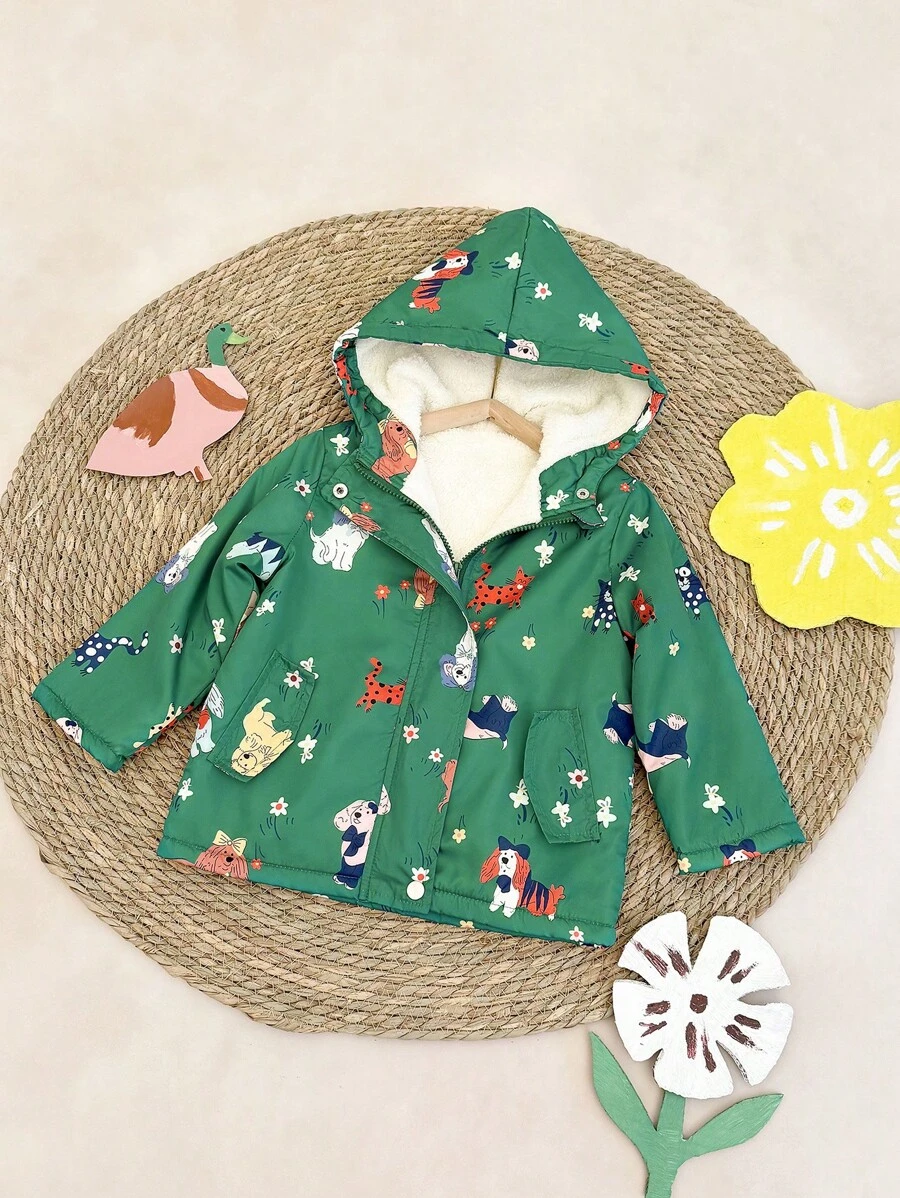 SHEIN Sudadera con capucha informal de niña joven con estampado de perro y cremallera, cálida para otoño/invierno - Verde - Ver 1