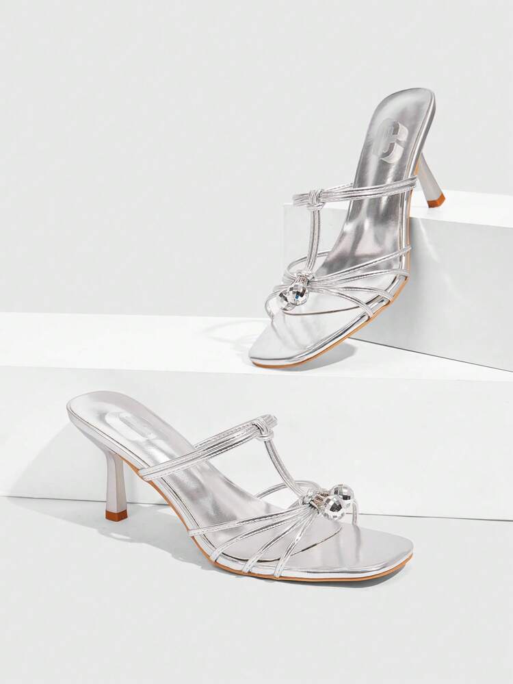 CUCCOO SZL Square Toe High Heel Silver Mule Sandals For Women