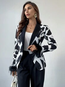 SHEIN Privé Women Geometric Print Patchwork Fluffy Blazer - Black and White - View 4