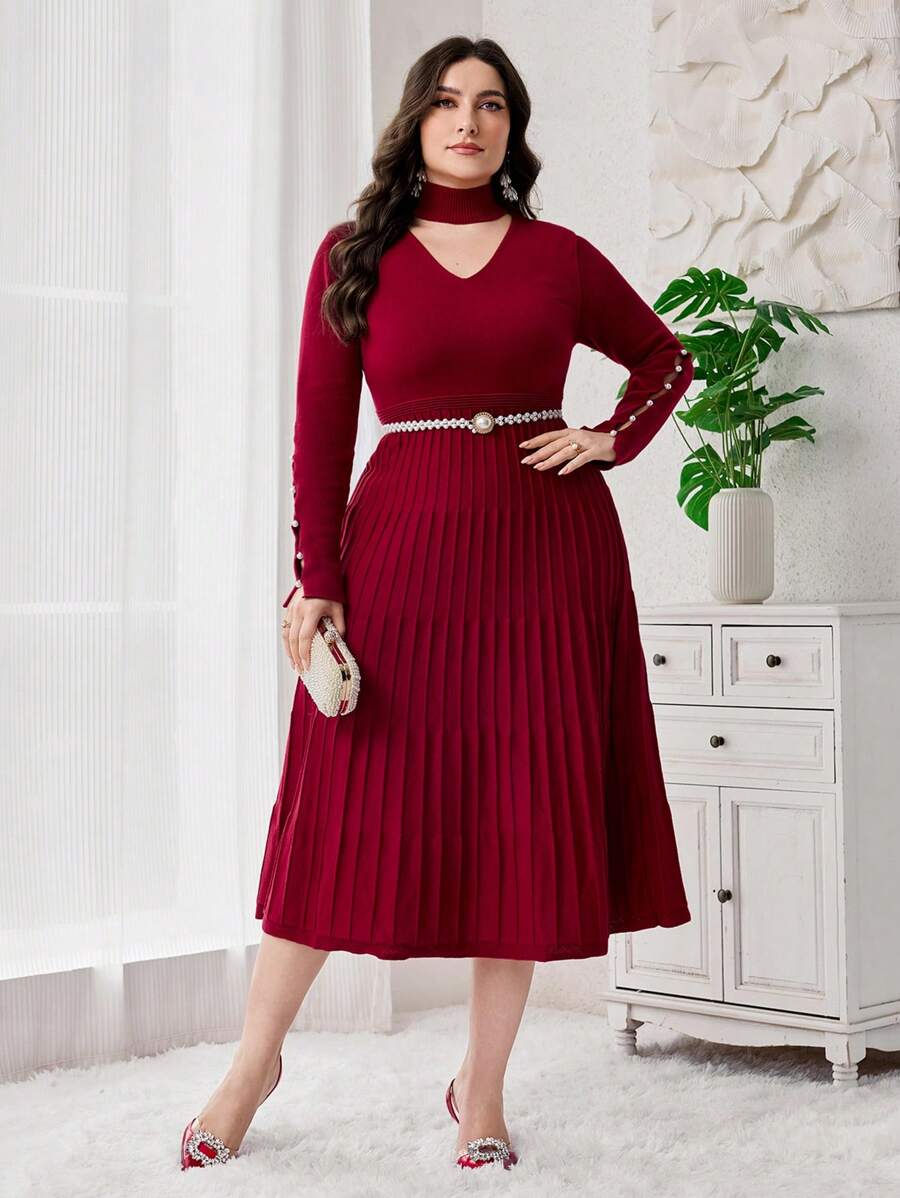Modelyn 大码 V 领长袖仿珍珠装饰休闲毛衣连衣裙
