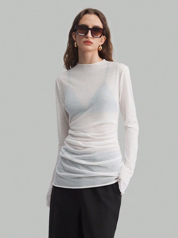 Ontre Women's 2025 Spring New Arrival Long Sleeve Mid-Length Knitted Fabric T-Shirt Top, Everyday Versatile Blouse With Waist Shirring Detail, Business Casual Urban Chic Round Neck Lightweight Pullover