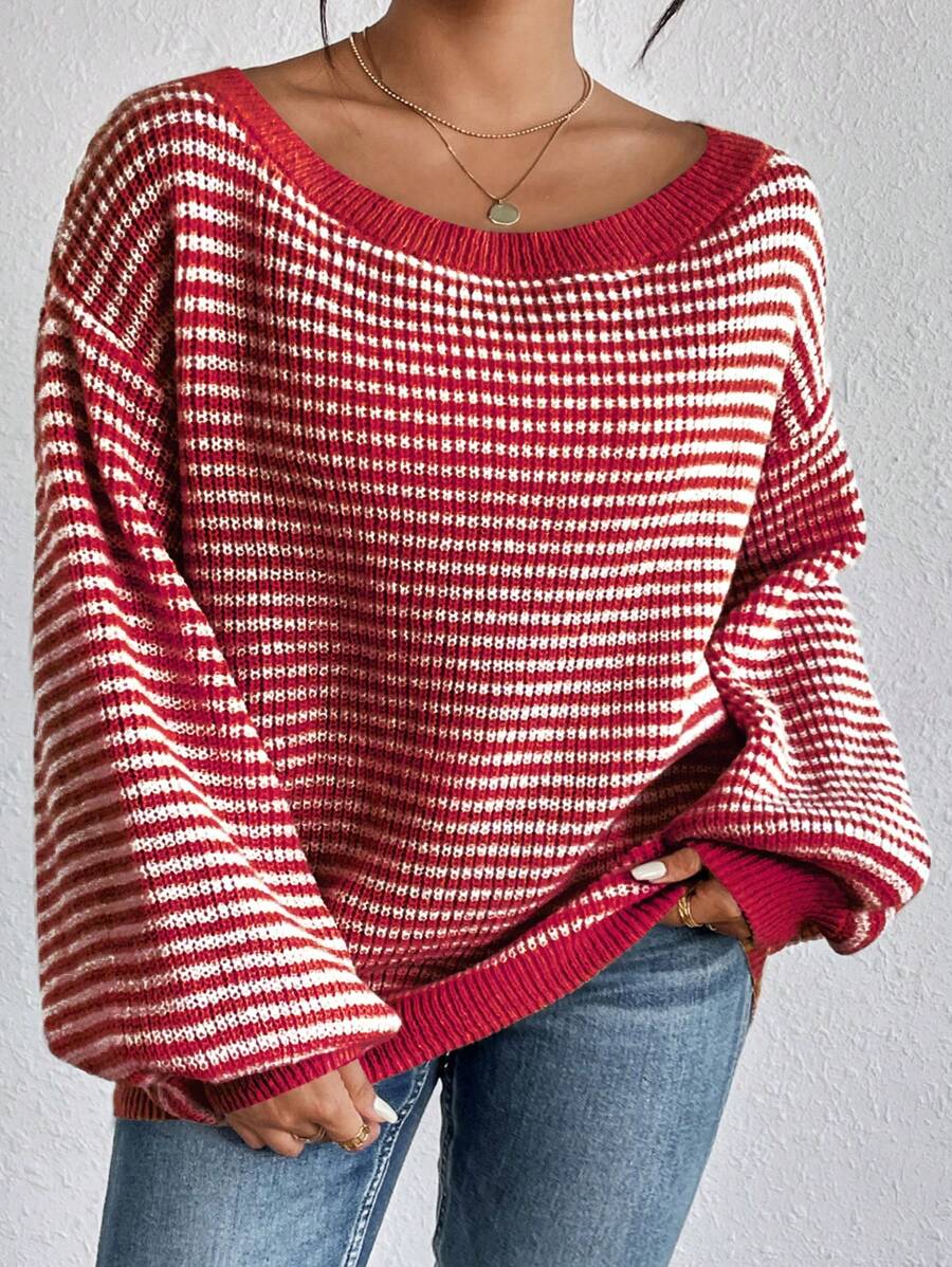 SHEIN CURVE+ 大码条纹落肩毛衣、秋季上衣、秋季女装 - 紅色 - 查看 1