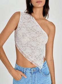 SHEIN EZwear Blusa de mujer de unicolor sin mangas con hombros de encaje y bajo asimétrico ajustada