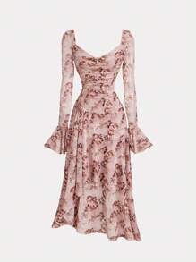 SHEIN MOD 女士复古花卉印花长袖针织连衣裙、秋季连衣裙、绿色长袖连衣裙、荷叶边连衣裙、返校节连衣裙、舞会长裙、半正式连衣裙 - 粉色 - 查看 1