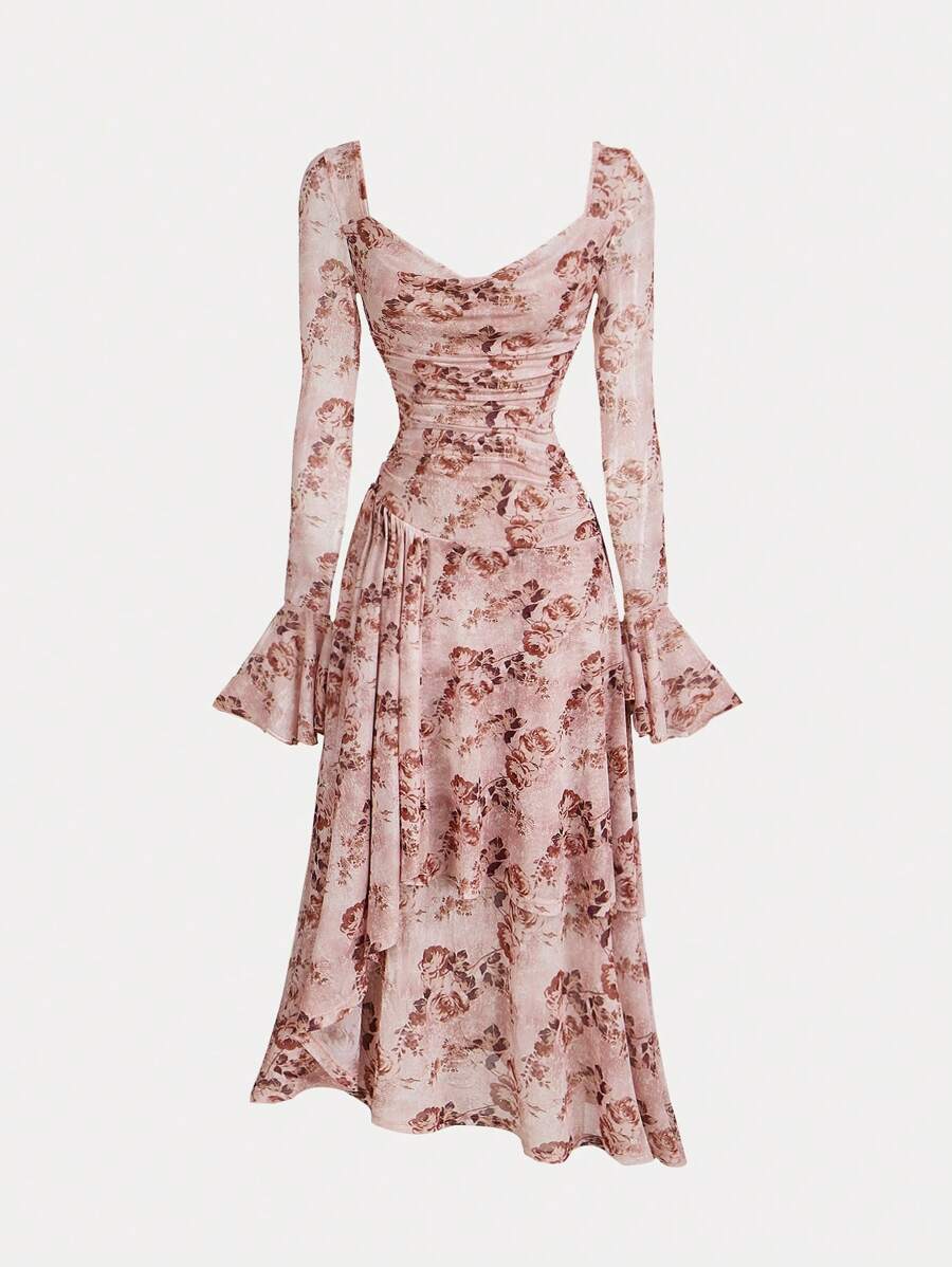 SHEIN MOD 女士复古花卉印花长袖针织连衣裙、秋季连衣裙、绿色长袖连衣裙、荷叶边连衣裙、返校节连衣裙、舞会长裙、半正式连衣裙 - 粉色 - 查看 1