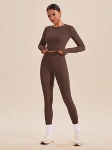VARSITIE Dames effen kleur ronde hals lange mouw crop top & legging sportset