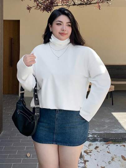 DAZY 大码高领宽松纯色打底T恤，白色，春夏秋季长袖女式上衣，秋季女装