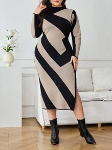 Modelyn Váy len thanh lịch dài tay cổ tròn kẻ sọc cỡ lớn cho nữ, mùa thu/đông - Nhiều màu - Xem 4