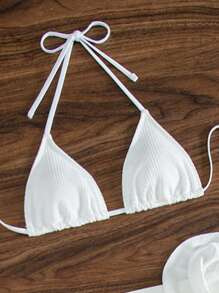 SHEIN Swim 3pcs/Set Women Sexy Special Fabric Solid Color Bikini Set, Include Tie-Neck Swim Top, High Cut Bottoms And Side Floral Decor Skirt Summer