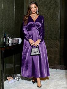 SHEIN Privé 大码优雅办公室通勤知性高端精致下午茶略带性感约会音乐派对V领交叉裹身高腰长袖褶皱修身A字长裙 - 紫色 - 查看 7