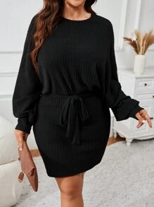 SHEIN VCAY 1 件大码纯色蕾丝拼布长袖休闲迷你连衣裙 - 黑色 - 查看 2