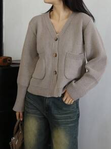 INAWLY 大码女式纯色长袖单排扣口袋休闲开衫，秋冬 - 卡其色 - 查看 4