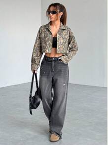 SHEIN EZwear Women's Fashion Plant Print Cropped Jacket For Autumn - Army Green - View 6