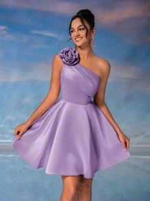 Lovelzi Elegant Fancy Pink 3D Floral One Shoulder Swing Peplum Cocktail Party Mini Dress, Semi Formal Prom Dress, For Birthday, Wedding Guest, Graduation Homecoming