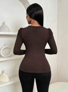 VaVaBold 女士圆领泡泡袖女士优雅修身长袖T恤秋冬季女装打底T恤 - 棕色 - 查看 2