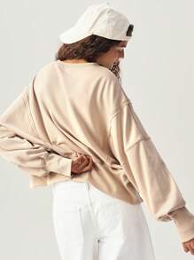 Bohemela Casual Knit Patchwork Split Dropped Shoulder Long Sleeve Oversized Women Hoodie - Khaki - View 4