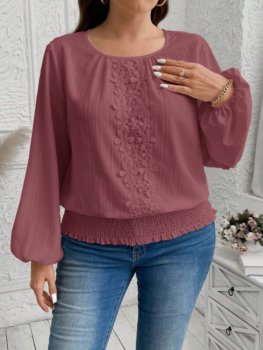 SHEIN LUNE 大码拼接蕾丝灯笼袖宽松派对上衣节日 - 紅木色 - 查看 1