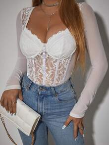 Allurite Sexy And Elegant White Lace Spliced Sheer Mesh Fabric Steel Circle Three-Dimensional Stripe Wave Edge Long Sleeve Bodysuit For Holiday Party Clothes