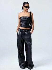 LYSMO Áo crop top thời trang buộc dây bằng da cho nữ - màu đen - Xem 4