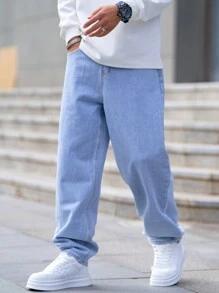 Manfinity Homme 大码男士休闲直筒宽松口袋牛仔裤，纯色长款水洗宽松浅蓝色工装牛仔裤，适合送给丈夫、男朋友的礼物 - 淺色水洗藍 - 查看 4