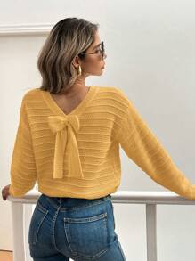 SHEIN LUNE Casual Solid Color Bow Decorated Sweater, Autumn/Winter - Yellow - View 1