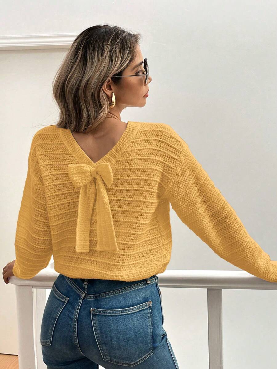 SHEIN LUNE Casual Solid Color Bow Decorated Sweater, Autumn/Winter - Yellow - View 1
