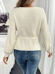 SHEIN LUNE V-Neck Cinched Waist Design Slim Fit Pullover Sweater For Women